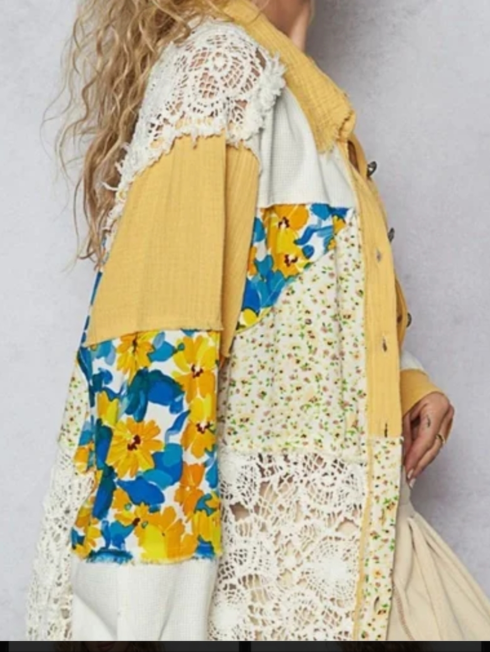 POL Button-Front Patchwork Yellow & White Women's Shacket NWT Size Large